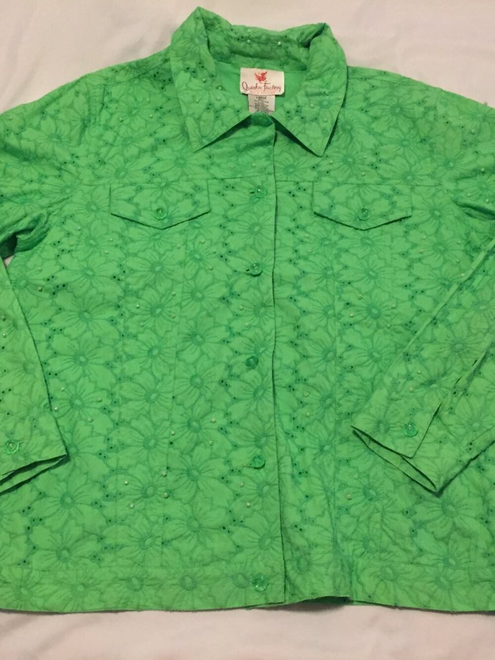 Quacker Factory Womens Embroidered Floral Jacket Large Green Button Pearl Accent